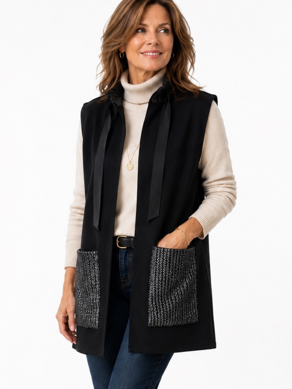 Scapa Lauren Perre Black Ponte Longline Vest Metallic Cable Knit Detail Black S